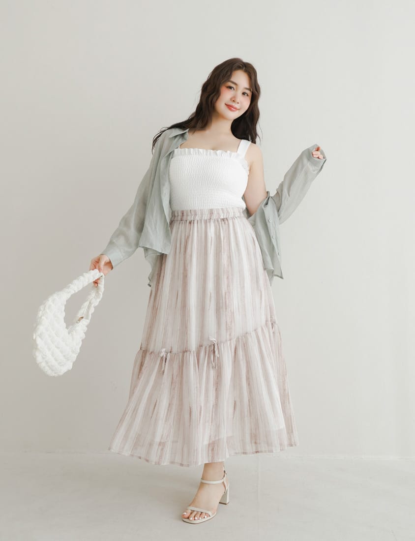 Tie-Dye Bow Detail Elastic Flare Plus Size Maxi Skirt