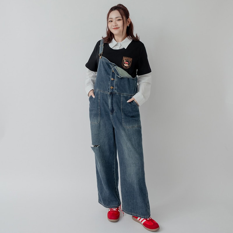Distressed Button-Up Plus Size Denim Overalls