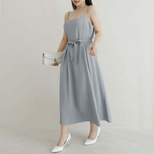 MISS. Silky Cool Pleated  Waist Tie Plus Size Cami Dress
