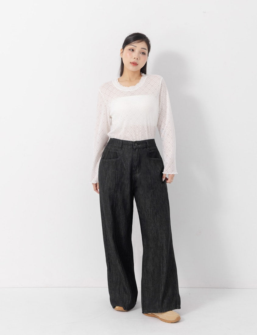 Double-Collar Diamond Lace with Lettuce Edge Plus Size Sheer Top