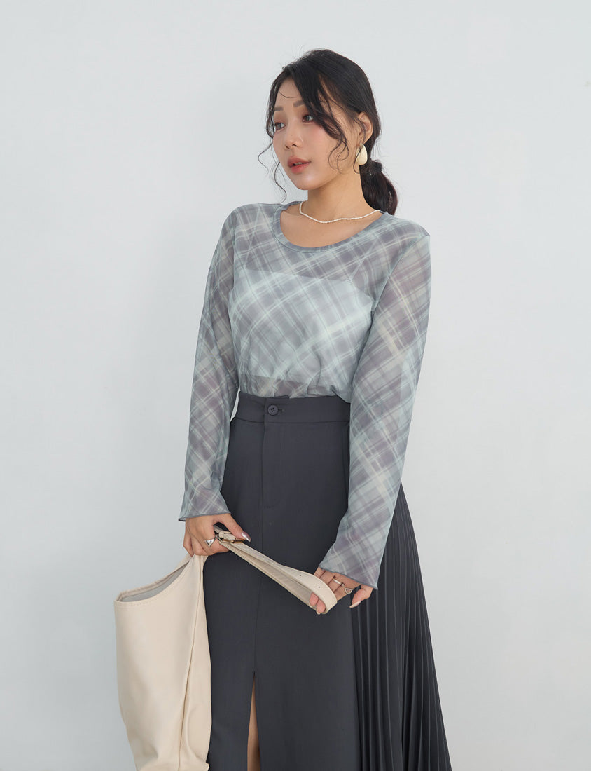 MISS. Vintage Sheer Checkered Plus Size Long Sleeve Top