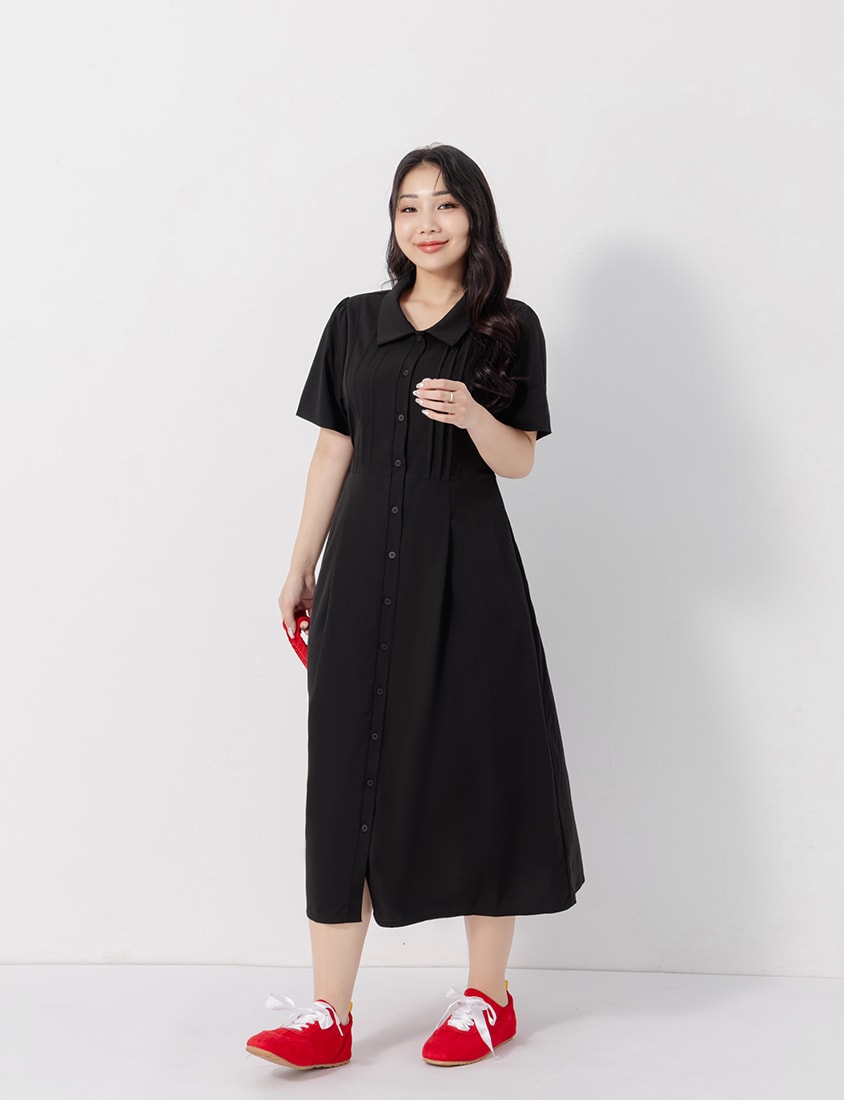 Pleated Textured Button-Down Elastic Back Plus Size Maxi Dress