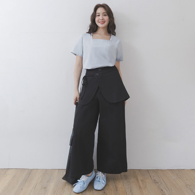 Layered Twill Plus Size Wide-Leg Pants (with Skirt Panel)