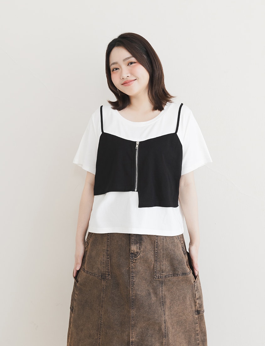 Asymmetric Front Zip Plus Size Layered Tee