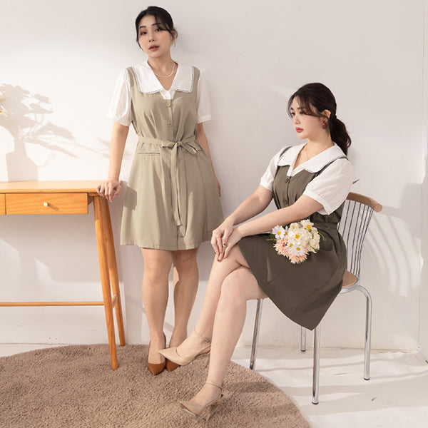 MISS. Elegant Lace Collar Plus Size Puff Sleeve Dress (With Waist Tie)