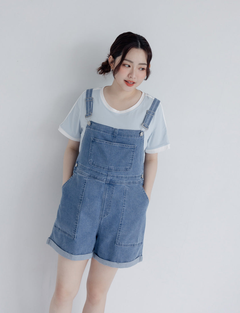 Adjustable Cuffed Denim Plus Size Overall Shorts