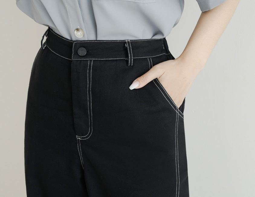 Color-Block Stitched Twill Cotton Straight-Leg Plus Size Pants