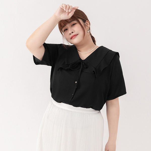 MISS. Heart Buttons Front Tie Ruffle Collar Plus Size Blouse