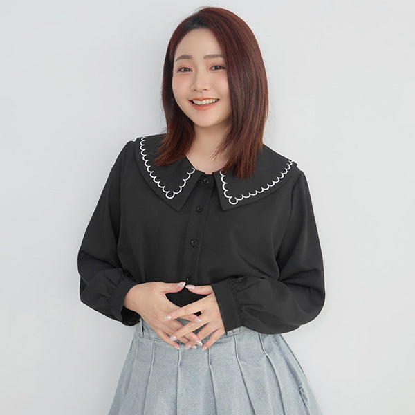 Contrast Embroidered Oversized Collar Plus Size Long Sleeve Shirt