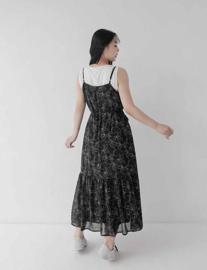Adjustable Hand-Painted Floral Cami Dress (with Waist Tie)