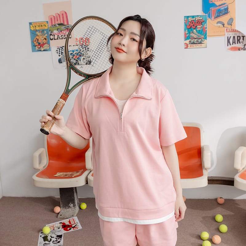 Zip-Up Faux Two-Piece Multicolor Plus Size Short Sleeve Tee