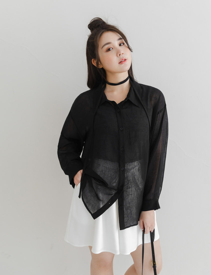 Flowy Crinkled Sheer Plus Size Blouse (With Tie)