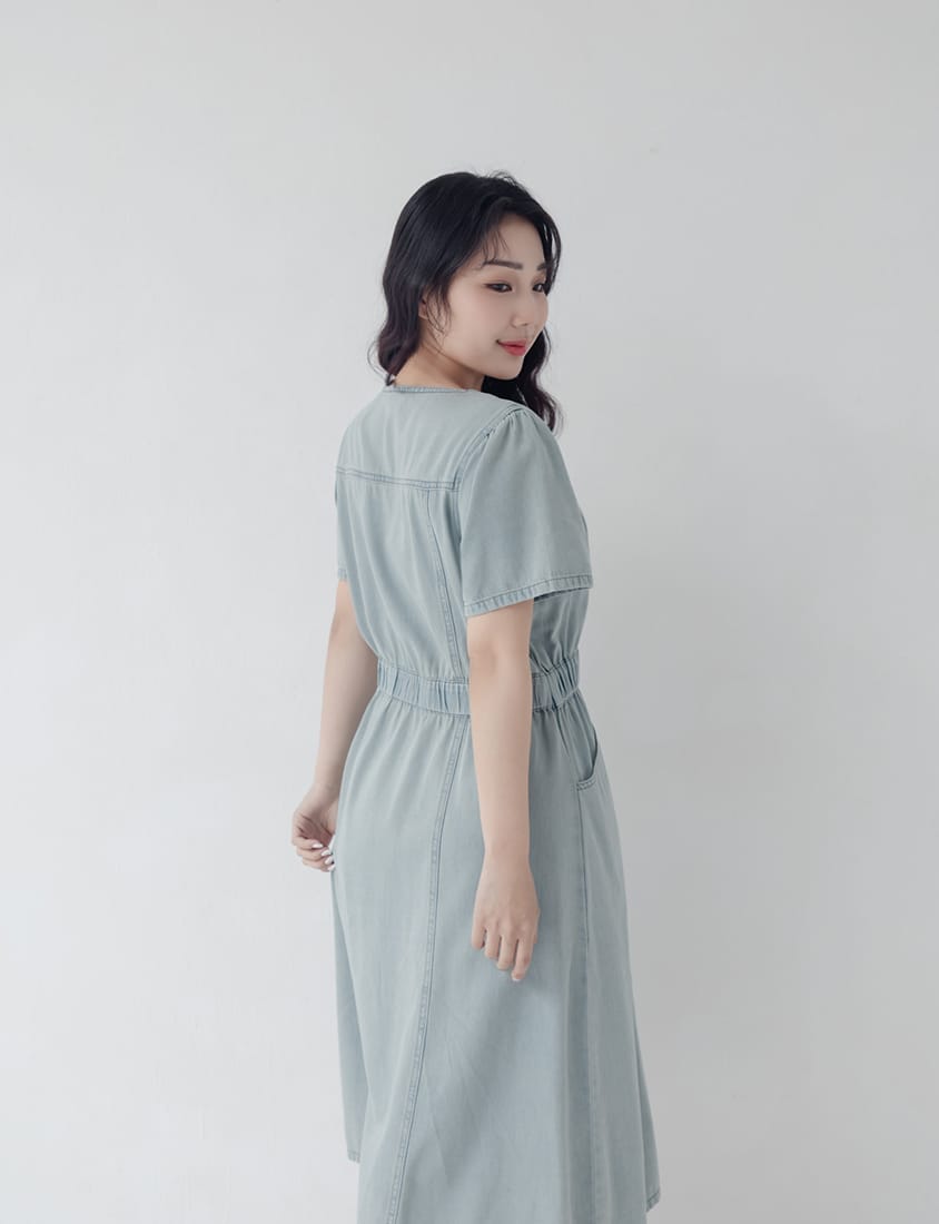Square Neck Faux Button Elastic Waist Plus Size Denim Maxi Dress