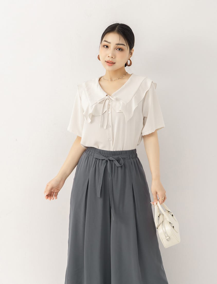 MISS. Heart Buttons Front Tie Ruffle Collar Plus Size Blouse