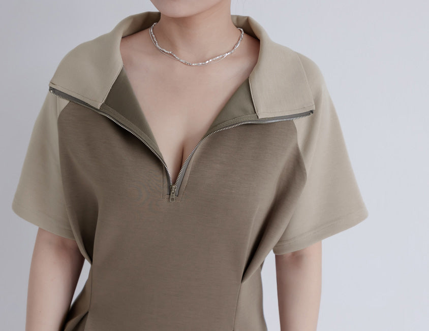 MUA! Space Cotton Color-Block Stand Collar Plus Size Short Sleeve Mini Dress