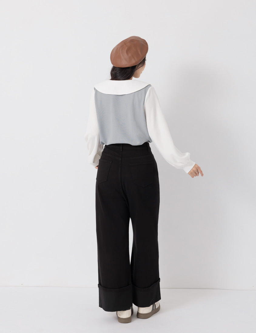 Japanese Style Large Cuffs A-Line Plus Size Denim Wide Leg Pants