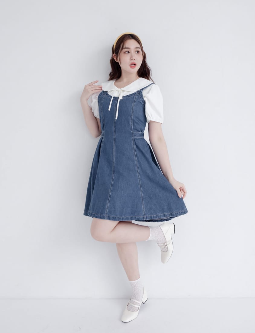 Adjustable Back Elastic Waist Plus Size Denim Mini Dress