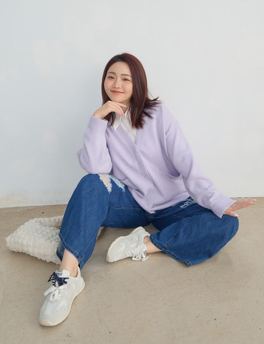 Classic V-Neck Multicolor Longline Plus Size Knit Cardigan