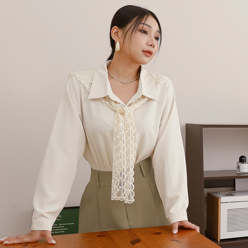 MISS. Two Piece Korean Style Lace Chiffon Plus Size Blouse (With Shawl)