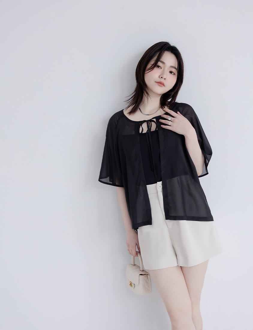 MISS. Faux Two-Piece Sheer Front-Tie Plus Size Top