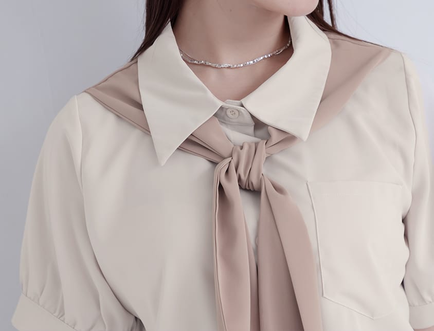 MISS. Faux Two-Piece Color-Block Bow Puff Sleeve Plus Size Blouse