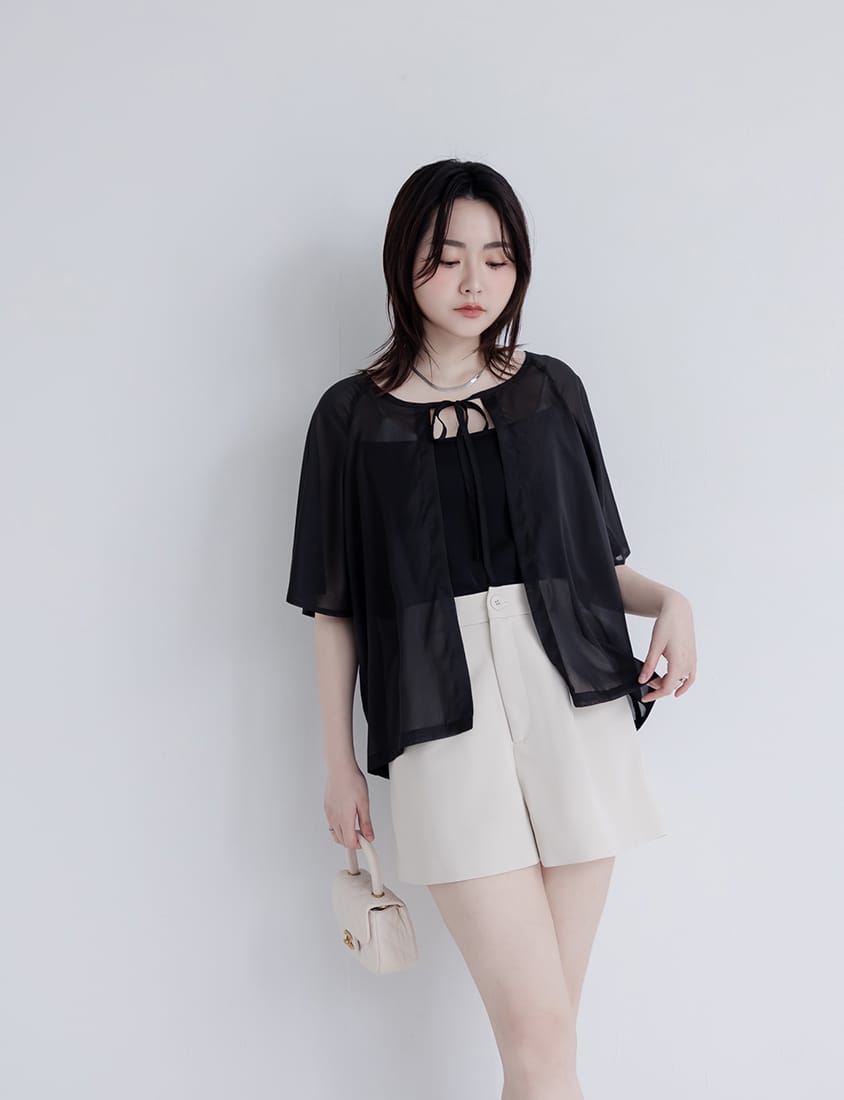 MISS. Faux Two-Piece Sheer Front-Tie Plus Size Top