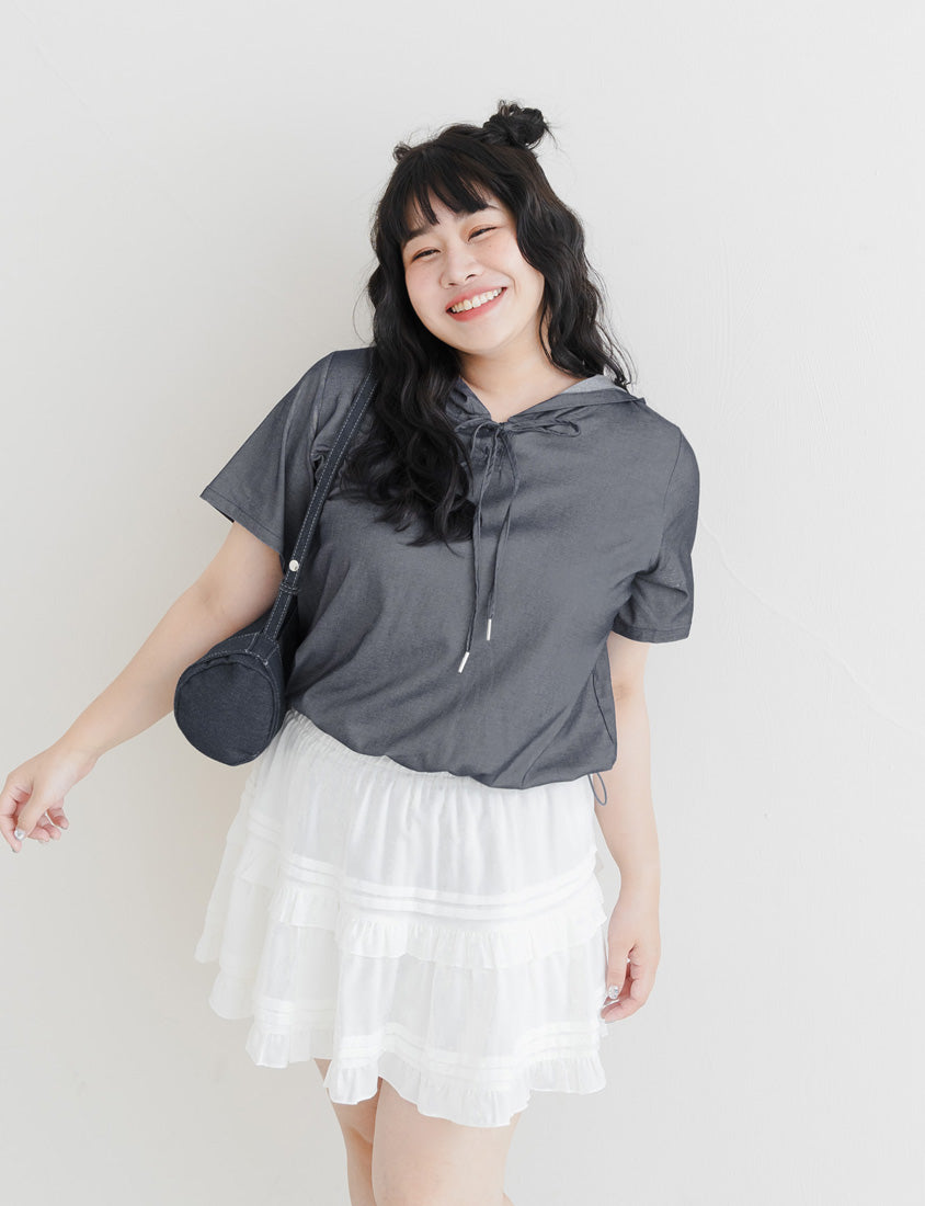 Faux Denim Hoodie Tie-Front Plus Size Short Sleeve Top
