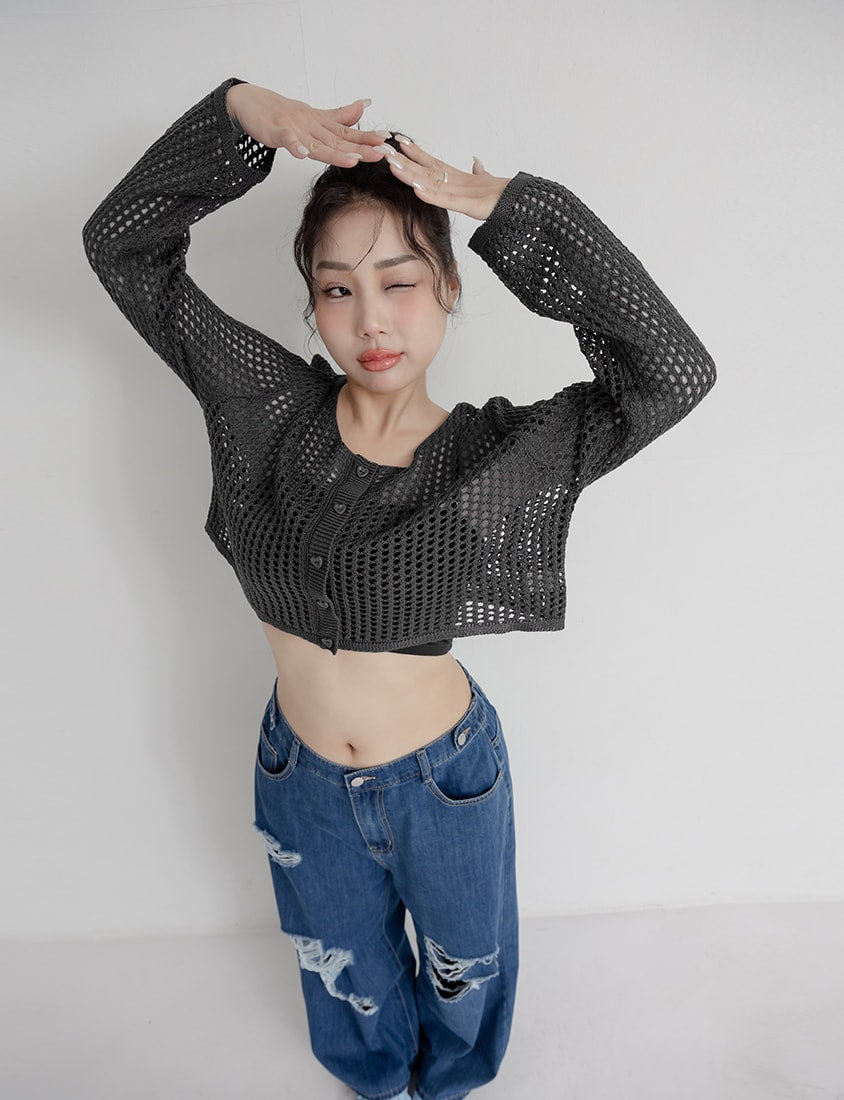 Knit Eyelet Hollow Faux Button Plus Size Top