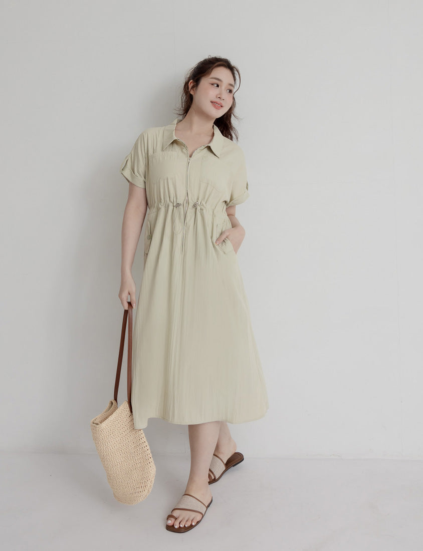 Utility Cargo Pocket Drawstring Cinched Waist Plus Size Maxi Dress