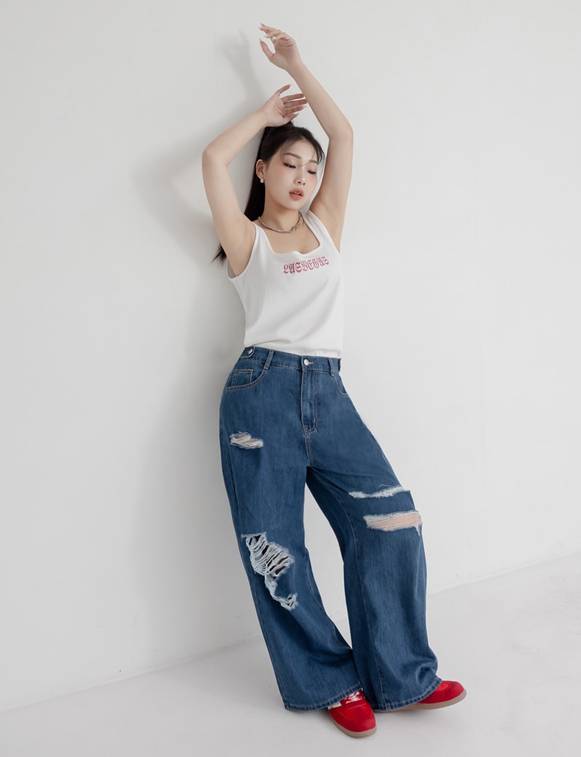 MUA! Lyocell Distressed Plus Size Wide Leg Jeans