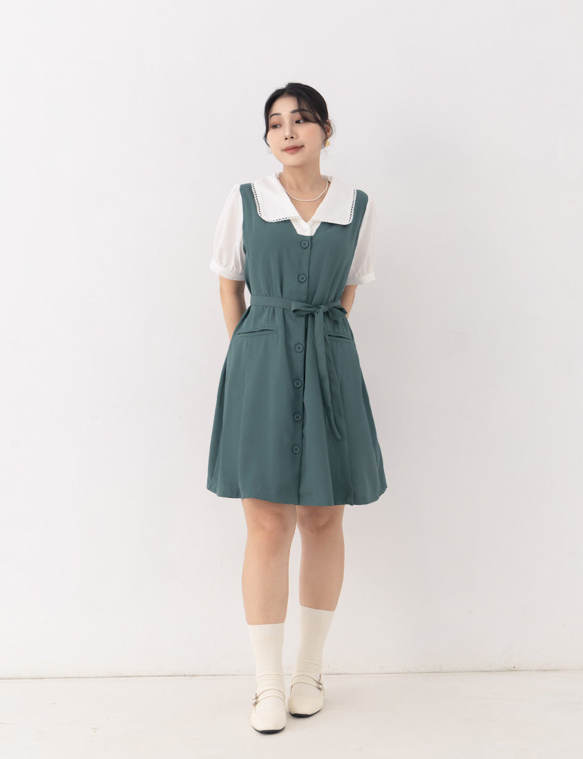 MISS. Elegant Lace Collar Plus Size Puff Sleeve Dress (With Waist Tie)