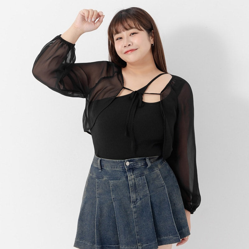Japanese Style Puff Sleeve Tie Sheer Cropped Plus Size Cover-Up