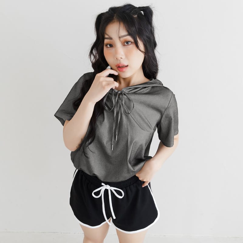 Faux Denim Hoodie Tie-Front Plus Size Short Sleeve Top