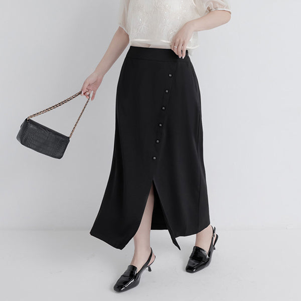 MISS. Korean Style Asymmetrical Button Slit Elastic Waist Plus Size Maxi Skirt
