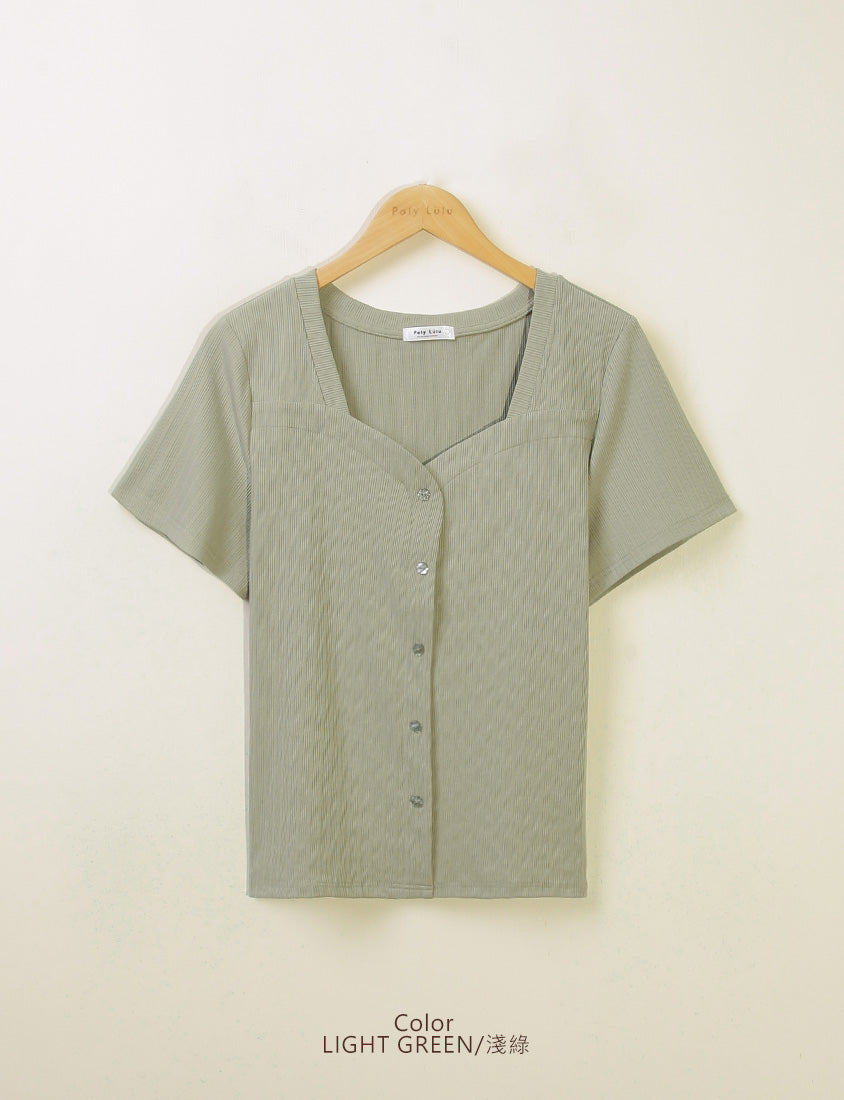 Multicolor Heart Collar Floral Button Plus Size Ribbed Top