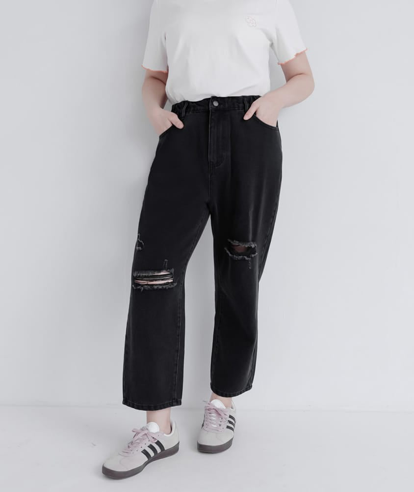 Distressed Side Elastic Waist Plus Size Boyfriend Jeans