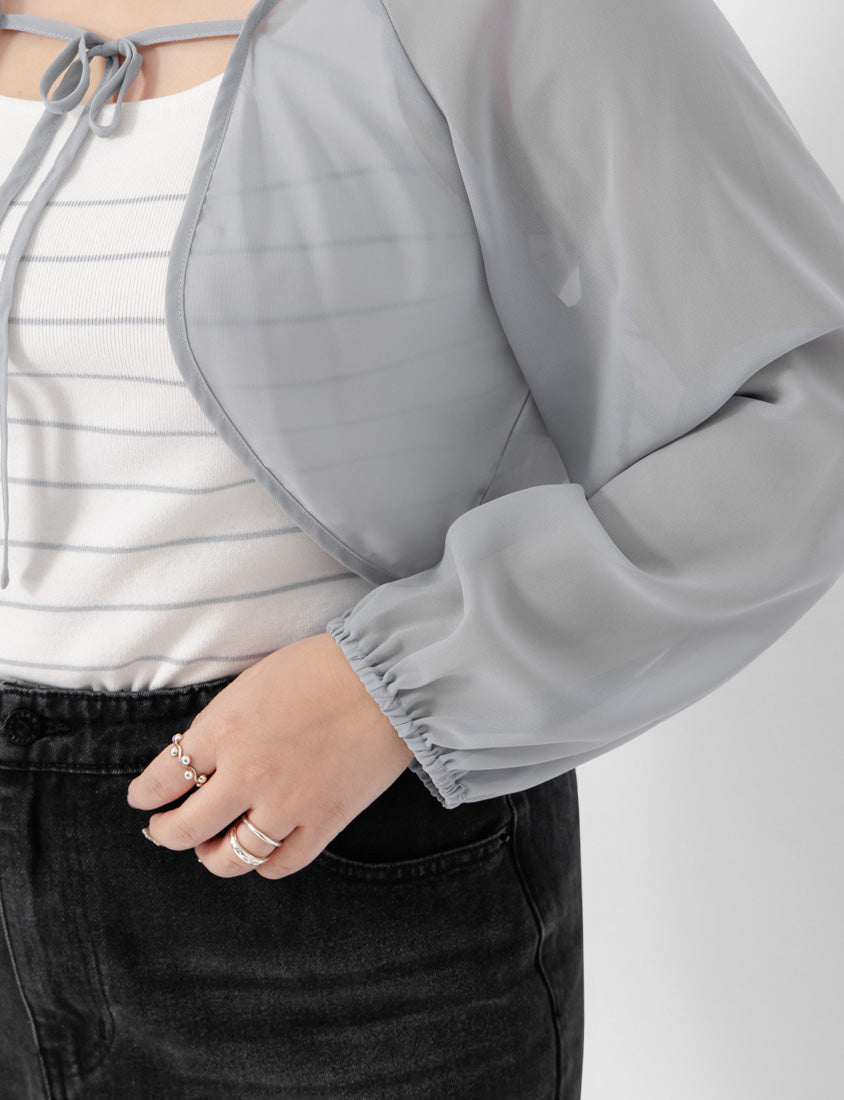 Japanese Style Puff Sleeve Tie Sheer Cropped Plus Size Cover-Up