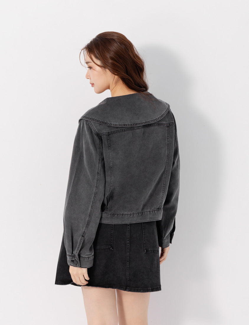 Korean Style Statement Collar Button-Down Plus Size Denim Jacket