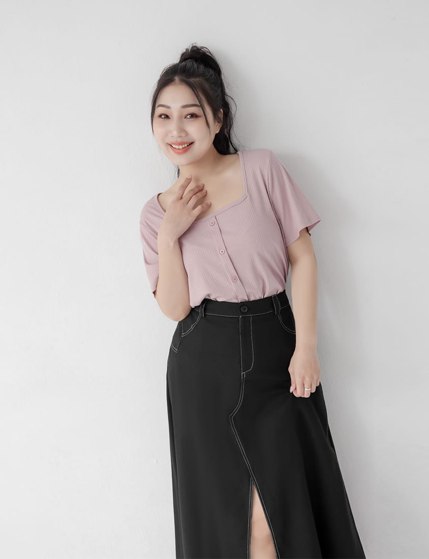 Multi-Color Ribbed Square Neck Faux Button Plus Size Top