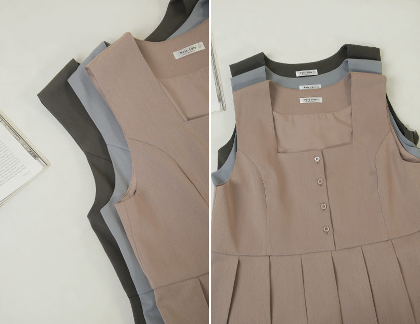 Square Neck Button Pleated Plus Size Mini Dress