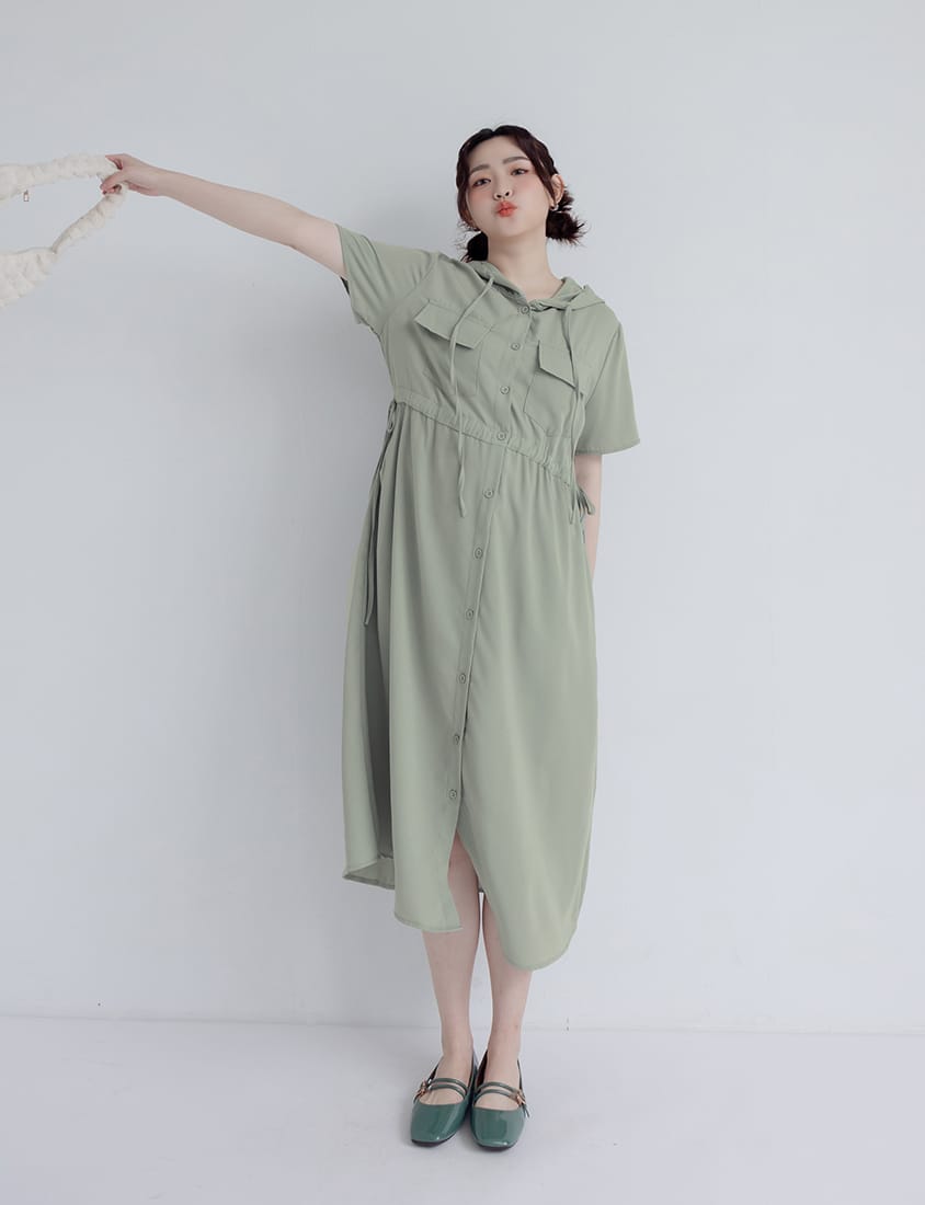 Cargo Hooded Button-Up Plus Size Maxi Dress