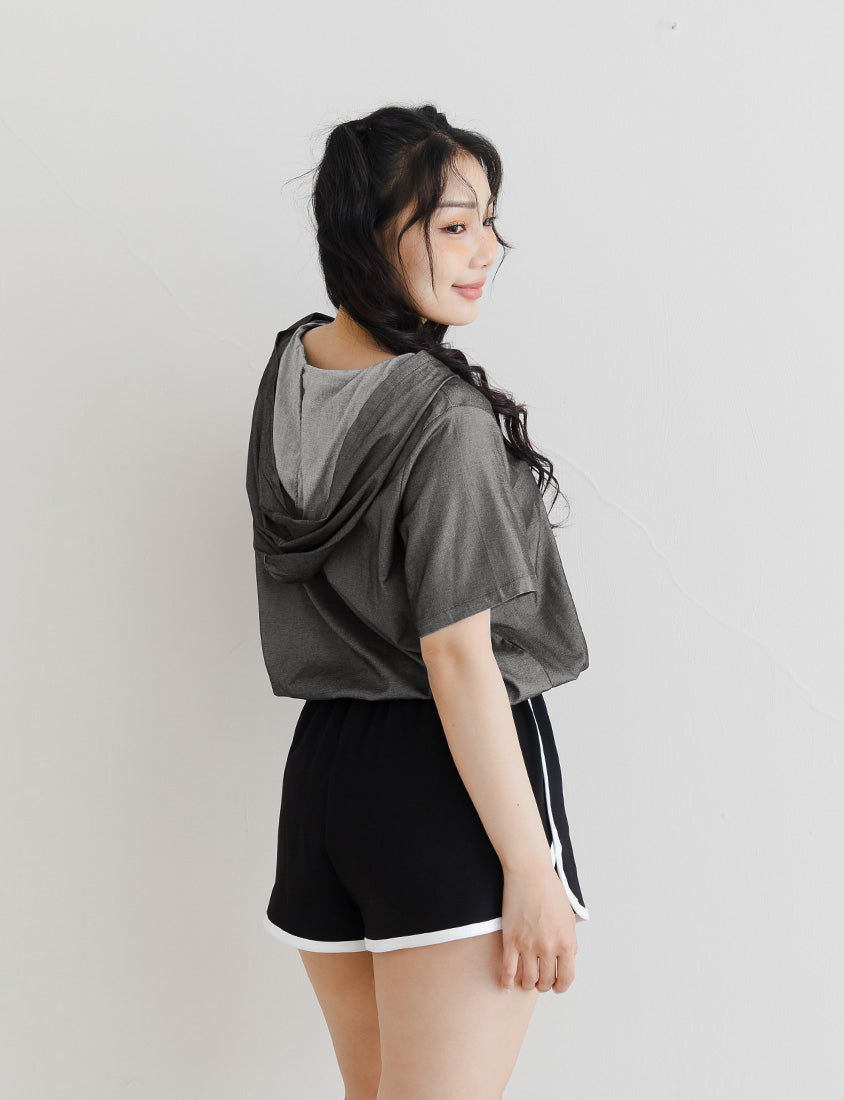 Faux Denim Hoodie Tie-Front Plus Size Short Sleeve Top