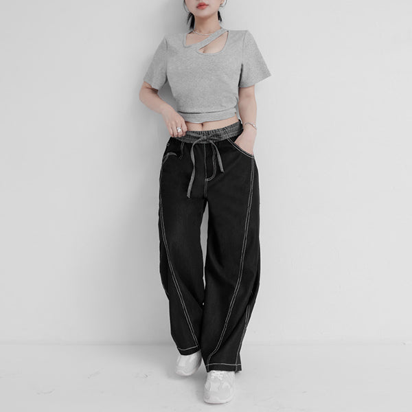 MUA! Color-Block Stitch Elastic Waist Plus Size Tapered Jeans