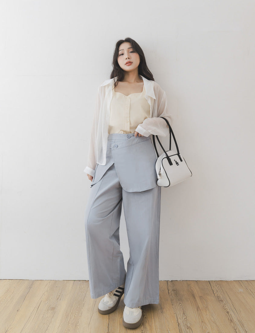 Layered Twill Plus Size Wide-Leg Pants (with Skirt Panel)