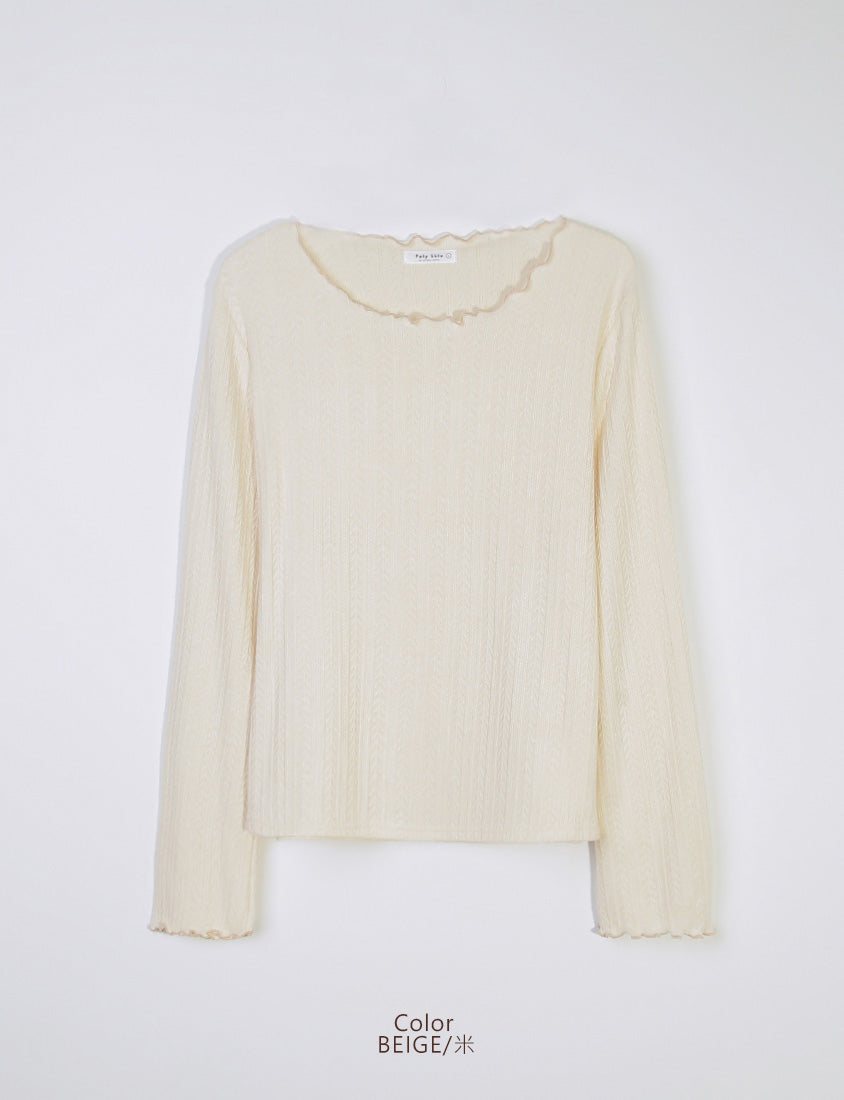 Contrast Lettuce-Edge Jacquard Plus Size Long Sleeve Top