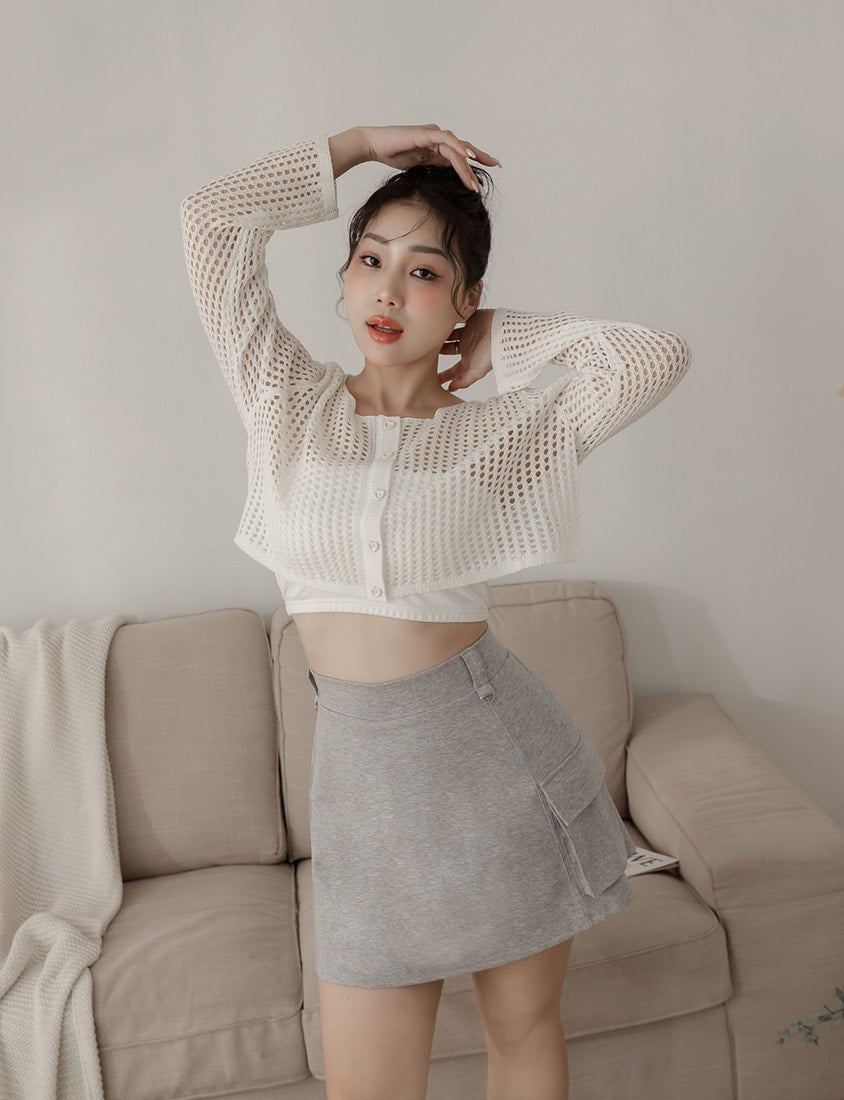 Knit Eyelet Hollow Faux Button Plus Size Top