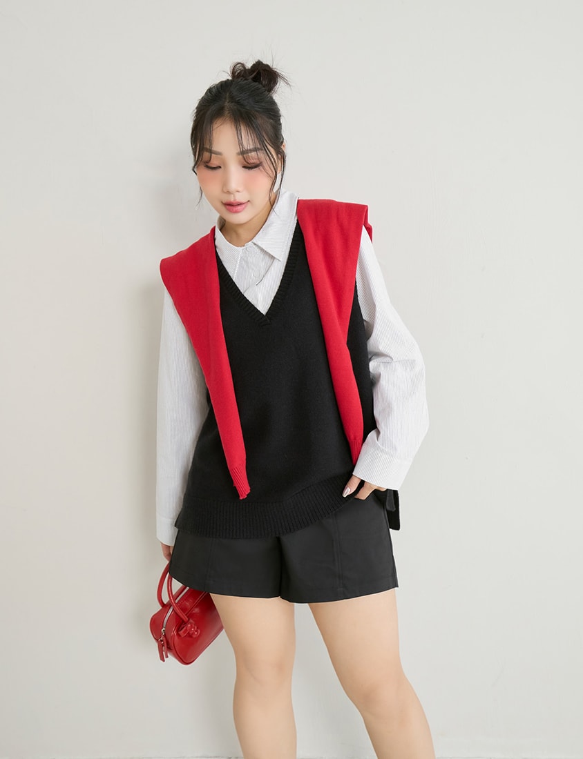 Versatile Multicolor V-Neck Mid-Length Plus Size Knit Vest