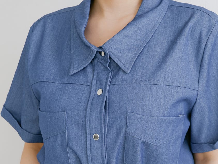 Korean-Style Faux Denim Cuffed Plus Size Short Sleeve Shirt