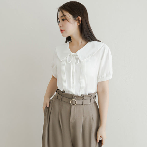MISS. Sweet Pleated Lapel Collar Plus Size Puff Sleeve Blouse