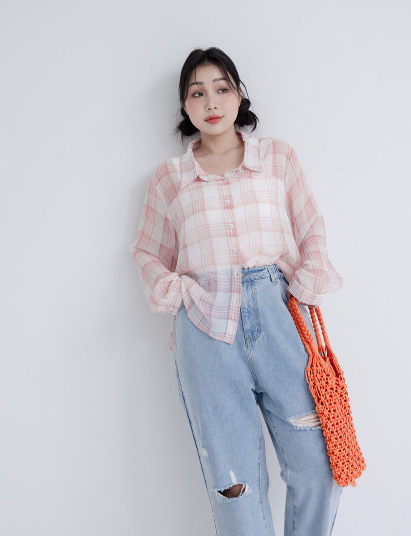 Crinkled Texture Sheer Plaid Plus Size Long Sleeve Shirt